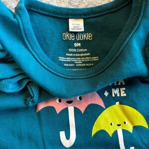 Okie Dokie Teal Baby Outfit with Pink and Yellow Umbrellas - shirt and pants